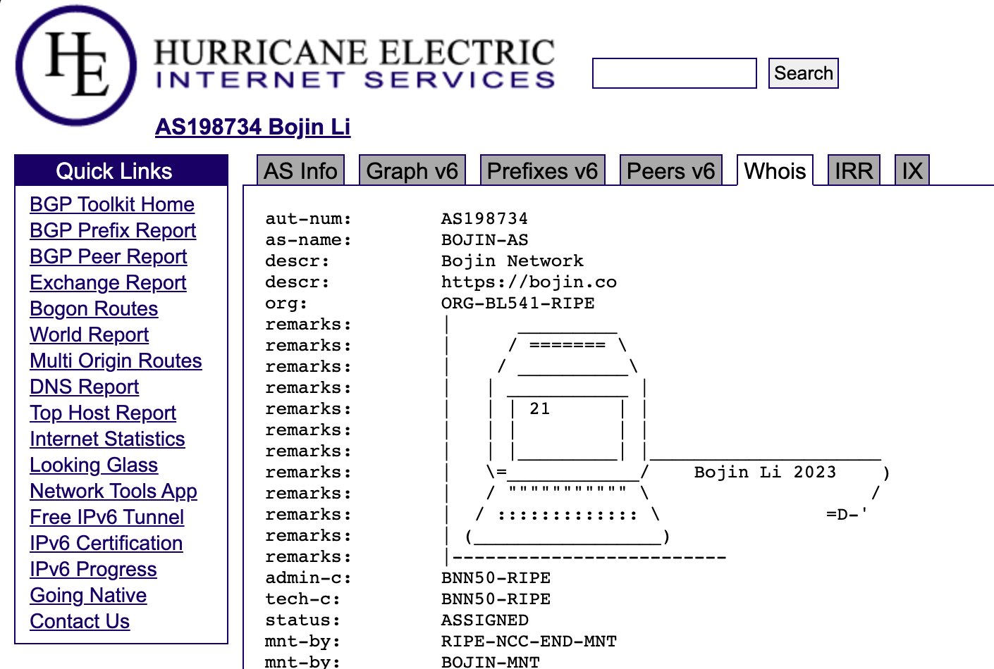 AS198734 WHOIS record with an ASCII computer displaying 21